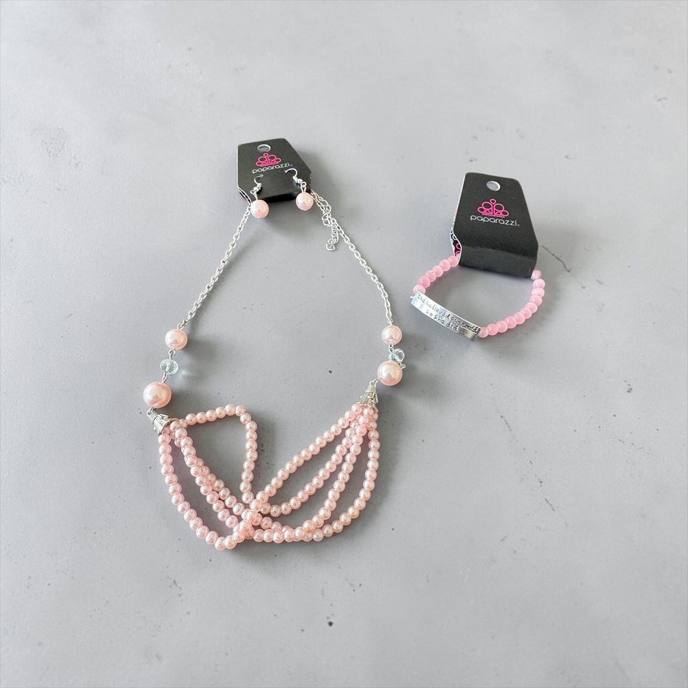 Paparazzi Pink Faux Pearl Necklace Earrings & She Believed She Could Bracelet